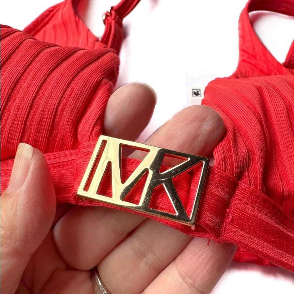 Michael Kors Ribbed Bikini Top with MK Goldtone Logo Hardware Size Medium